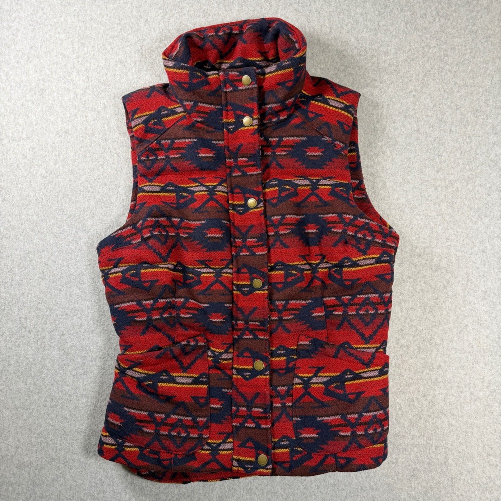 H&M L.O.G.G. Puffer Vest Womens Sz 8 Red Southwestern Wool Blend Geometric Aztec